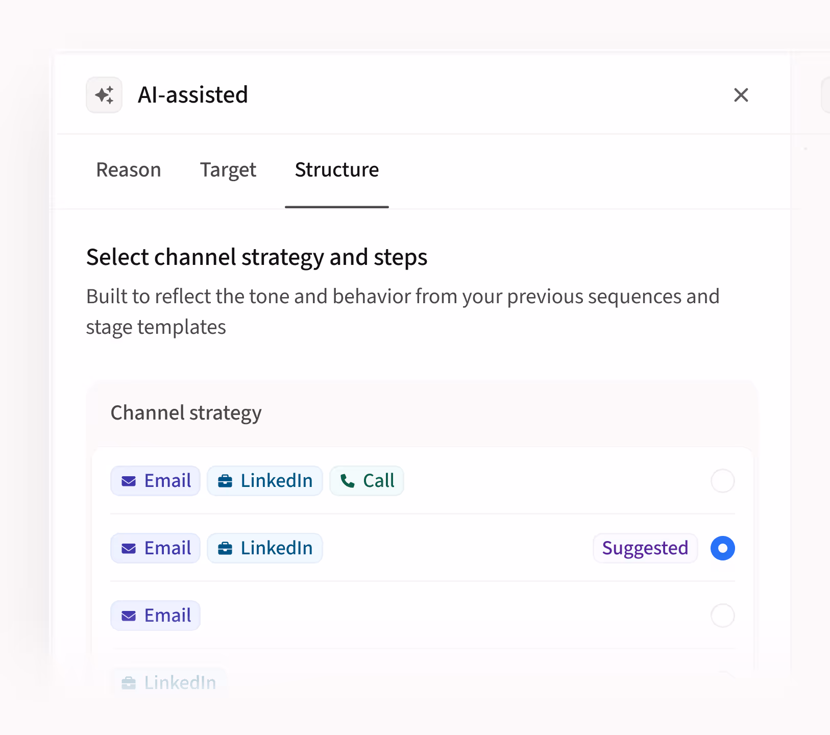 Product screen displaying AI messaging structure